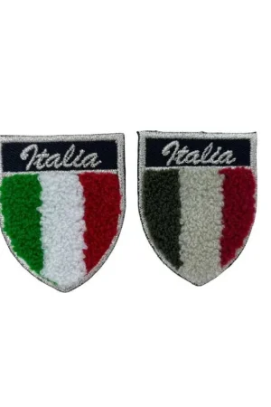Applicazione Toppa Patch Termoadesiva Tessuto Ricamo Lurex Argento Scudetto Bandiera Italia Spugna 5x4 Cm Occasione