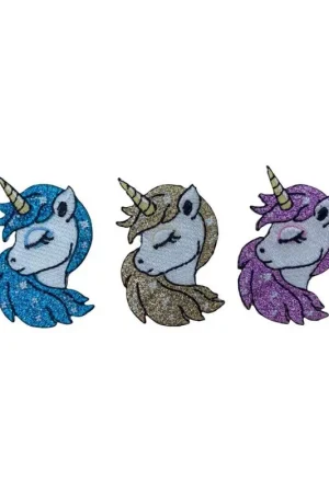 Reso Gratuito Applicazione Toppa Patch Termoadesiva Baby Ricamo Testa Unicorno Glitterato 65x40 Mm