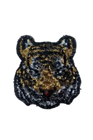 Applicazione Toppa Patch Termoadesiva Ricamata Testa Tigre Micro Paillettes 85x90 Mm Vendita Finale