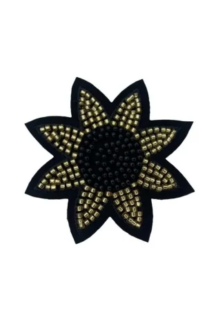 A Buon Prezzo Applicazione Toppa Patch Termoadesiva Fiore Perline Cucite Nero Oro 75 Mm
