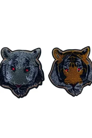 Compra Oggi Stesso Applicazione Toppa Patch Termoadesiva Testa Tigre Occhi Strass Rossi Velluto 8x8 Cm