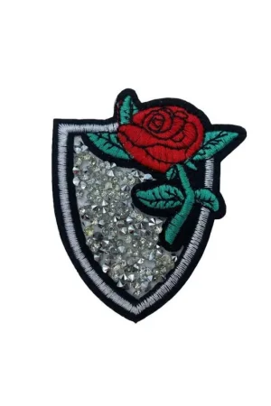 Consegna Rapida Applicazione Toppa Patch Termoadesiva Scudetto Ricamo Rosa Rosso Strass Argento Conici 65x80 Mm