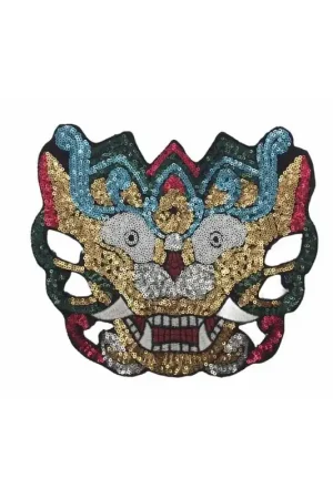 Affare Toppa Patch Termoadesiva Maschera Cinese Dragone Micro Paillettes Ricamate 19x16 Cm