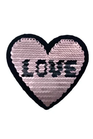 Di Tendenza Toppa patch termoadesiva cuore in paillettes scritta love nera reversibile rosa e argento 85x80 mm