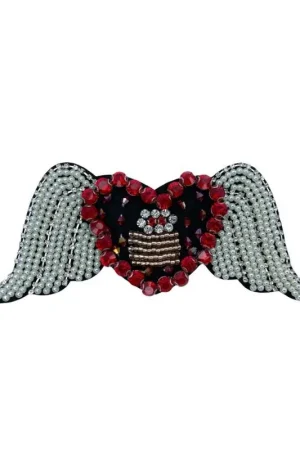 Affare Applicazione Gioiello Toppa Patch Termoadesiva Ricamo Cuore Ali Strass Perline Sfaccettate 150x65 Mm