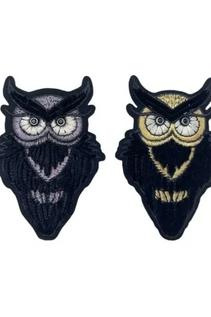 Applicazione Patch Termoadesiva Ricamo Filo Metallico Lurex Gufo Velluto Nero Occhi Strass 8x6 Cm Nuovo Arrivo