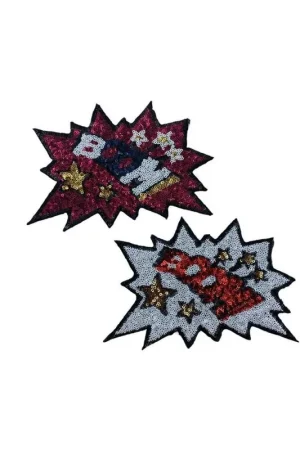 Offerta Del Giorno Applicazione Patch Termoadesiva Ricamo Scritta Boom! Oops!! Micro Paillette Stelle 150x105 Mm