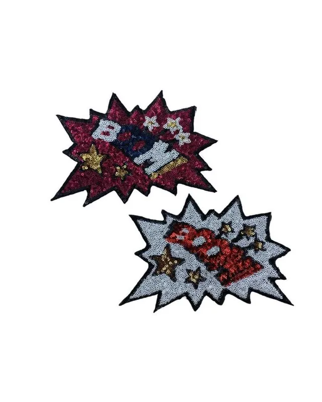 Offerta Del Giorno Applicazione Patch Termoadesiva Ricamo Scritta Boom! Oops!! Micro Paillette Stelle 150x105 Mm