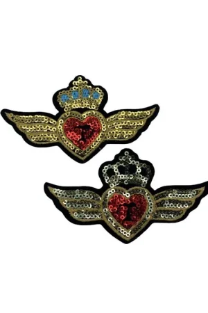 Applicazione Patch Termoadesiva Ricamo Cuore Corona Ali Micro Paillettes Oro 11x6 Cm Offerta