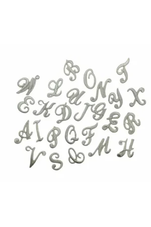 Offerta Applicazione Lettera Iniziali Termoadesiva Ricamo Punto Pieno Corsivo Argento Lurex Alta 25 Mm