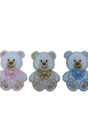 Applicazione Termoadesiva Patch Marbet Ricamo Baby Velluto Bianco Orsetto Fiocco Cuore 55x40 Mm Ultime Pezzi