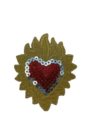 Applicazione termoadesiva patch marbet ricamata con paillettes CUORE rosso con fiamma oro 55x70 mm Prezzo Di Fabbrica