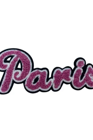 Applicazione Termoadesiva Patch Marbet Ricamo Scritta Paris Lana Filo Lurex Rosa Bianco Nero 11x5 Cm Saldi