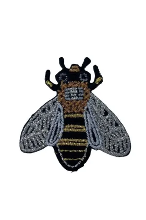 Bestseller Applicazione Termoadesiva Patch Marbet Ricamo Ape Nera Argentata Oro Lurex 4x4 Cm