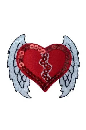 Applicazione Termoadesiva Patch Marbet Paillettes Ricamo Cuore Ali Rosso Bianco Nero 65x50 Mm Miglior Prezzo