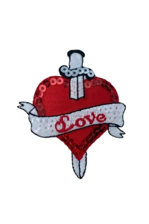Applicazione Termoadesiva Patch Marbet Paillettes Ricamo Cuore Spada Love Rosso Bianco 7x6 Cm Ultimissimo Modello