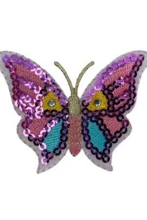 Offerta Applicazione Termoadesiva Patch Marbet Paillettes Ricamo Farfalla Rosa Oro Strass Cm 6x4,5