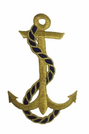 Economico Applicazione Termoadesiva Patch Ancora Ricamo Filo Oro Lurex Corda Blu 10x6 Cm