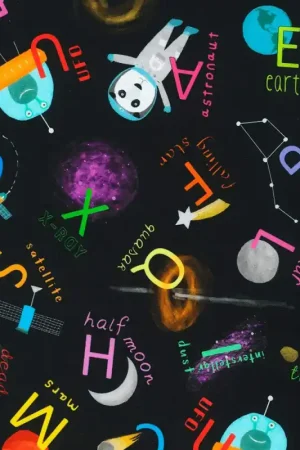 Tessuto in Cotone - Black Satellite - Space Adventure - Robert Kaufman Spedizione Gratuita