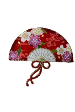 Applicazione Termoadesiva Patch Ventaglio Giapponese Rosso Ricamo Oro Fiori Rosa 6x7 Cm Offerta Lampo