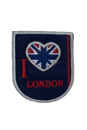 Offerta Speciale Applicazione Termoadesiva Scudetto Stemma Blu Scritta London Ricamo Lurex Argento 60x65 Mm