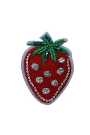 Consegna Rapida Applicazione Termoadesiva Patch Fragola Rosso Ricamo Perline Strass Cm 8x6