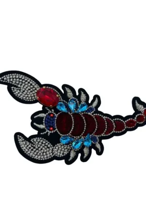 Applicazione Termoadesiva Patch Scorpione Ricamo Filo Argento Velluto Strass Pietre Cucite 19,5x7 Cm Ultimissimo Modello
