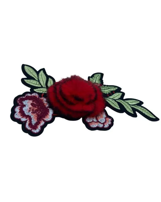 Applicazione termoadesiva patch ricamata con fiore di pelliccia rossa Promozione