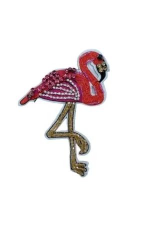 Applicazione Termoadesiva Patch Fenicottero Rosa Ricamata Perline Strass 15x9,5 Cm Solo Oggi