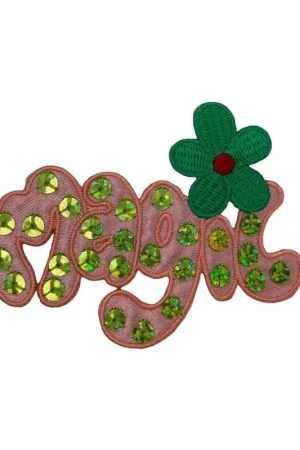 Applicazione Termoadesiva Patch Ricamo Fiore Verde Scritta MAGIC Paillettes 70x55 Mm Ultime Pezzi