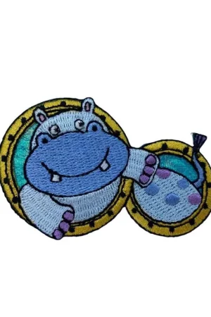 Applicazione Termoadesiva Patch Ricamo Ippopotamo Celeste 7x4 Cm Subito Disponibile
