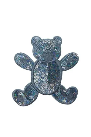 Applicazione Termoadesiva Orso Paillettes Patch Ricamo Lurex Argento Alto 75 Mm Ultima Occasione