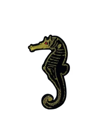 Applicazione Termoadesiva Patch Cavalluccio Marino Ricamo Filo Lurex Oro Velluto 10x5 Cm Occasione