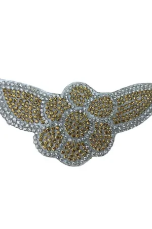 Ultimissimo Modello Applicazione Termoadesiva Fiore Foglia Strass Oro Argento 12x5 Cm