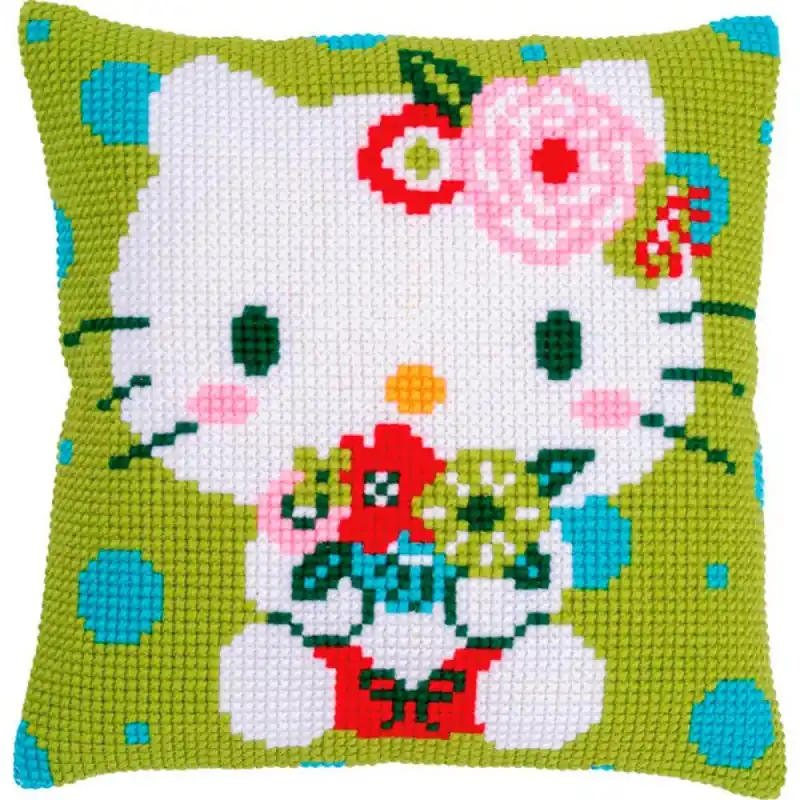 Economico Kit Punto Croce Cuscino - Hello Kitty. Green Floral - Vervaco