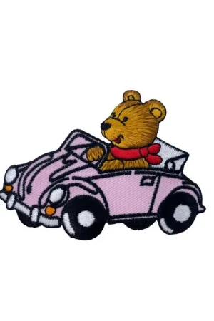 Subito Disponibile Applicazione Termoadesiva Patch Ricamo Orso Macchina Rosa Maggiolino 8x6 Cm