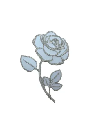 Economico Applicazione Patch Termoadesiva Stelo Rosa Bianca Ricamo Argento 10x7 Cm