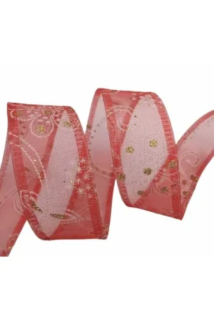 10 Mt Passamaneria Nastro Organza Natale Stampato Fiori Bianchi Glitter Oro Alto Cm 4 Quantità Limitata