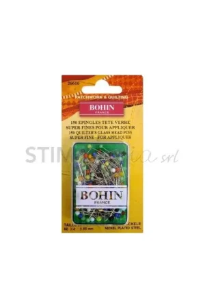 Ultime Pezzi Bohin, Spilli Super Fini con Testa di Vetro per Applique da 20 x 0,55 mm - 150pz