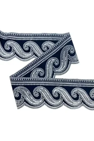 Affare 50 cm Passamaneria Pizzo Sangallo Ricamo Bianco con Bordo Blu Cotone Altezza 8 cm