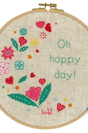 Kit per ricamo a punto croce con tamburo - Oh happy day - Vervaco Prezzo Ridotto