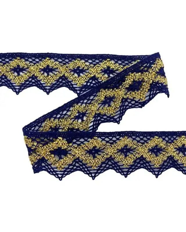 Compra Online Passamaneria Merletto Cotone Blu Oro Lurex Pizzo Punta Alto 35 Mm