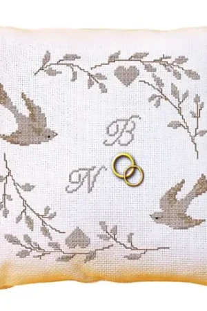 Kit cuscino da ricamo - Cuscino da ricamare matrimonio uccelli e cuore  - La planète mauve Promozione Esclusiva