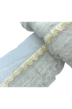 Ultimissimo Modello 50 Cm Passamaneria Rouches Tripla Balza Bianco latte Organza Pizzo Rashel Paillettes Ondulato Alto 9 Cm