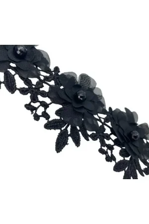 Ultima Occasione 40 Cm Passamaneria Macramè Nero Fiore Georgette Perla Sfaccettata Alto 6 Cm