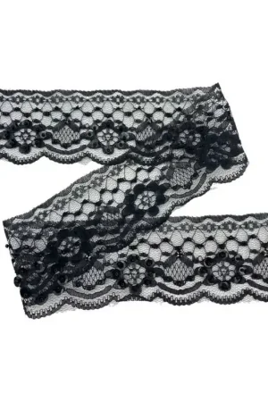 Affare Passamaneria Pizzo Rashel Jaquard Tulle Nero Ricamo Smerlato Paillettes Perlina Alto 6 Cm