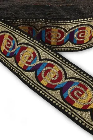 Esclusivo Galon fantaisie graphique motif spirale 50 mm Noir/Multicolore/doré x1m