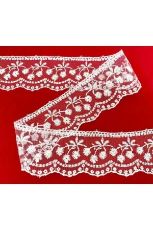 Passamaneria Pizzo Merletto Punta Bassa Tulle Ricamo Fiorellino Bianco Alto 4,5 Cm Economico