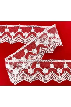 Sconto Passamaneria Pizzo Merletto Punta Bassa Tulle Ricamo Fiorellino Bianco Alto 4 Cm