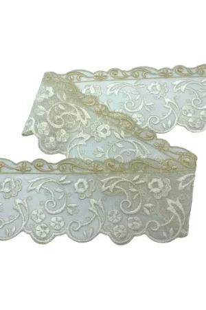 50 Cm Passamaneria Pizzo Bicolore Panna Ecrù Tulle Merletto Ricamo Fiore Ghirigoro Alto 8,5 Cm Pagamento Sicuro